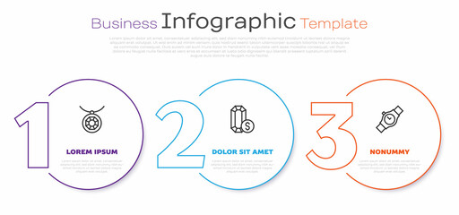 Set line Pendant on necklace, Jewelry online shopping and Wrist watch. Business infographic template. Vector