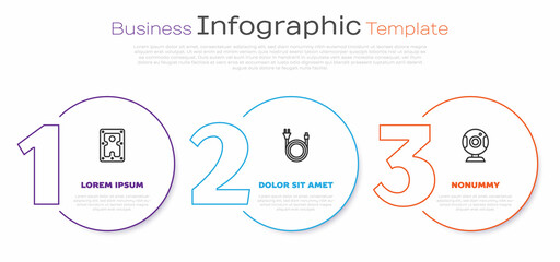 Set line Hard disk drive HDD, Electric plug and Web camera. Business infographic template. Vector