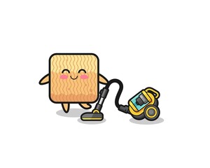 cute raw instant noodle holding vacuum cleaner illustration