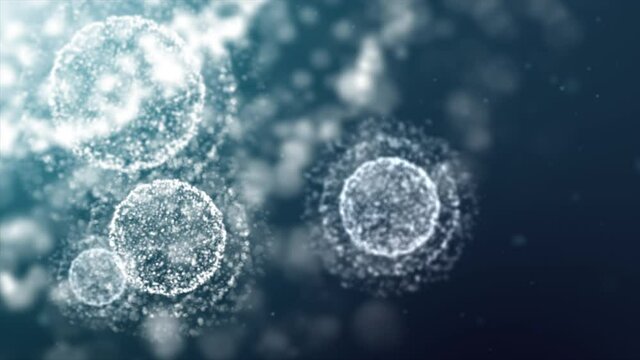 Macro simulation of microscopic cells organism floating in liquid. Virology concept