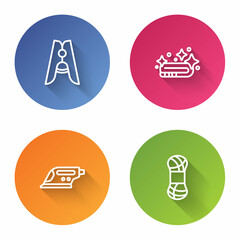 Set line Clothes pin, Towel stack, Electric iron and Yarn. Color circle button. Vector