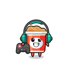 instant noodle gamer mascot holding a game controller © heriyusuf