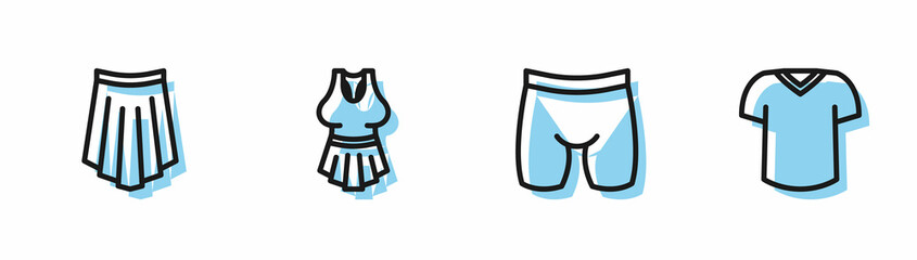 Set line Cycling shorts, Skirt, Undershirt and T-shirt icon. Vector