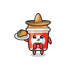 instant noodle Mexican chef mascot holding a taco