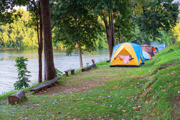 nature autumn camping cabin tents on waterfront to morning sunlight and tree with green grass and lake for family holiday vacation at pom pee campsite in khao laem national park and vajiralongkorn dam - obrazy, fototapety, plakaty
