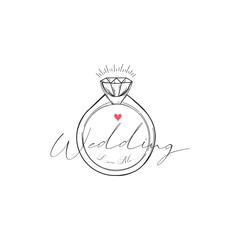 Wedding ring vector draw with diamond in doodle style isolated on white background with text wedding.