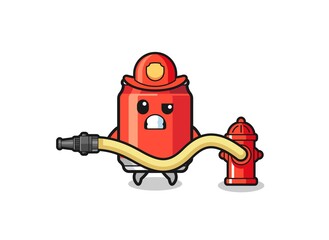 drink can cartoon as firefighter mascot with water hose