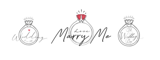 Collection of Wedding ring vector draw with diamond in doodle style isolated on white background with text marry me.