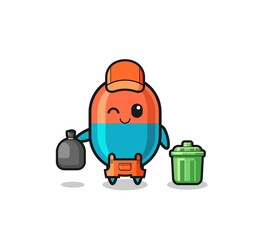 the mascot of cute capsule as garbage collector