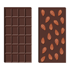 Vector dark chocolate bar with almonds isolated on white background.
