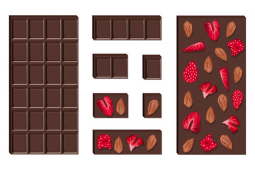 Vector set of dark chocolate bars with dried strawberries and almonds and pieces isolated on white background.
