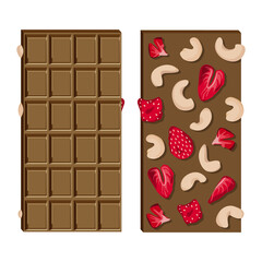 Set of milk chocolate bar with cashew nuts and dried strawberries isolated on white background. Vector realistic illustration.
