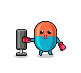 capsule boxer cartoon doing training with punching bag
