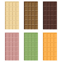 Vector set of white, milk, dark, pink, green, yellow chocolate bars isolated on white background. Strawberry, sea buckthorn, matcha chocolate.
