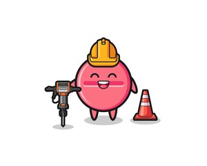 road worker mascot of medicine tablet holding drill machine