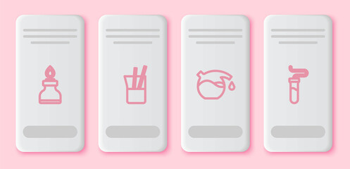 Set line Alcohol or spirit burner, Laboratory glassware, Test tube and . White rectangle button. Vector