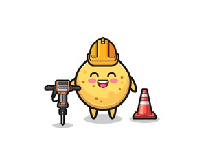 road worker mascot of potato chip holding drill machine