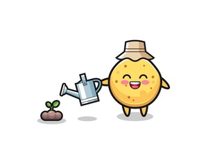 cute potato chip is watering plant seeds