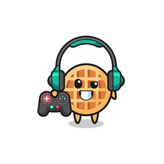 circle waffle gamer mascot holding a game controller