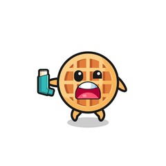 circle waffle mascot having asthma while holding the inhaler