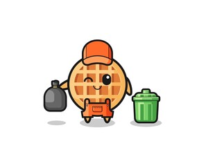 the mascot of cute circle waffle as garbage collector