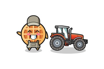 the circle waffle farmer mascot standing beside a tractor