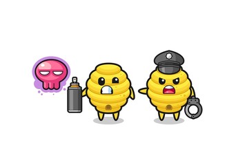 bee hive cartoon doing vandalism and caught by the police