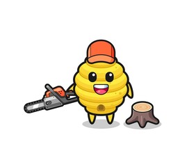 bee hive lumberjack character holding a chainsaw