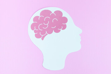Human head with brains on Pink background. Concept of idea and neurology, biology.