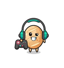 french bread gamer mascot holding a game controller