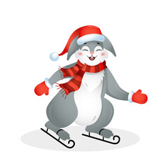 Year of rabbit. Christmas bunny in Santa hat on skates. Chinese New year 2023 symbol. Vector illustration in cartoon style. Design element for greeting cards, holiday banner, decor.