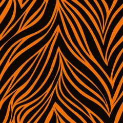 Gardinen Nahtloses Muster. Textur der Tigerhaut. Afrika orange und schwarzer linearer Hintergrund. Tierisches nahtloses Muster. Hintergrund der abstrakten Kunst © Hulinska Yevheniia