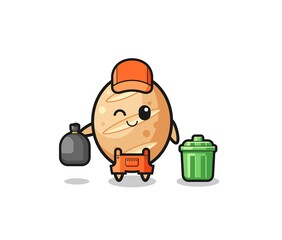 the mascot of cute french bread as garbage collector