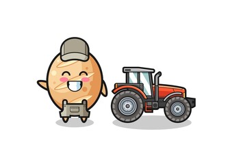 the french bread farmer mascot standing beside a tractor