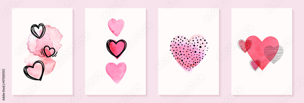 Wall mural valentines day and wedding card template. watercolor and sketch hearts. simple, minimalistic, holida - Wall murals