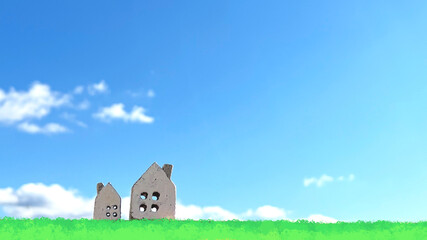 小さい家小物2個と青空と草原イメージ_右スペース