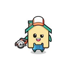the woodworker house mascot holding a circular saw