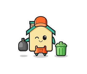 the mascot of cute house as garbage collector