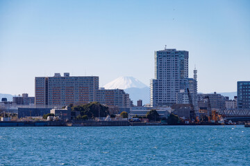 Naklejka premium 潮風公園から見た東京湾越しの芝浦ふ頭とビルの合間から見える富士山