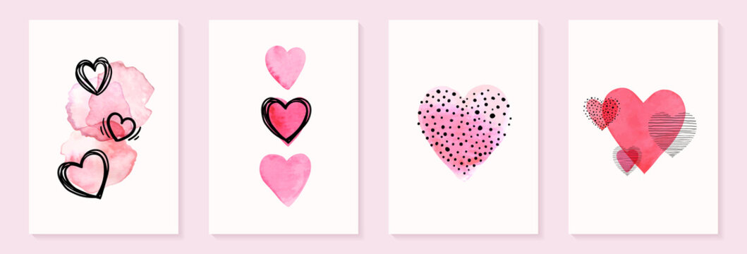 Valentines day and wedding card template. Watercolor and sketch hearts. Simple, minimalistic, holiday cards