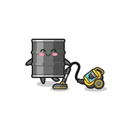 cute oil drum holding vacuum cleaner illustration