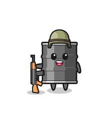 cute oil drum mascot as a soldier