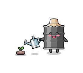 cute oil drum is watering plant seeds