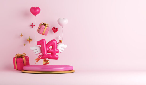 Happy Valentines day display podium background with 14 number wing, gift box, arrow, heart shape balloon, copy space text, 3D rendering illustration
