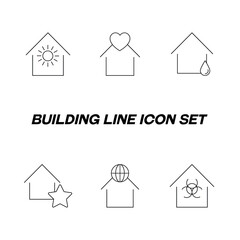 Building as establishment or facility. Line icon set including icons of houses, clinics, workshops, studios, stores, cafe, laboratory. Signs of sun, heart, drop, star, globe and hazard sign by house