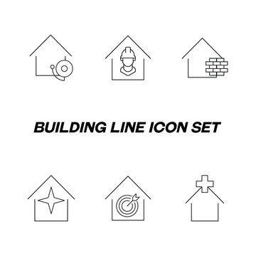 Building as establishment or facility. Line icon set including 6 icons of houses, clinics, workshops, studios, stores, cafes etc. Icons of star, cross, fire alarm, builder, arrow in target over house