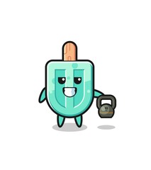 popsicles mascot lifting kettlebell in the gym
