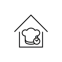 Building as establishment or facility. Outline monochrome sign in flat style. Suitable for stores, advertisements, articles, books etc. Line icon of timer and chefs hat inside of house