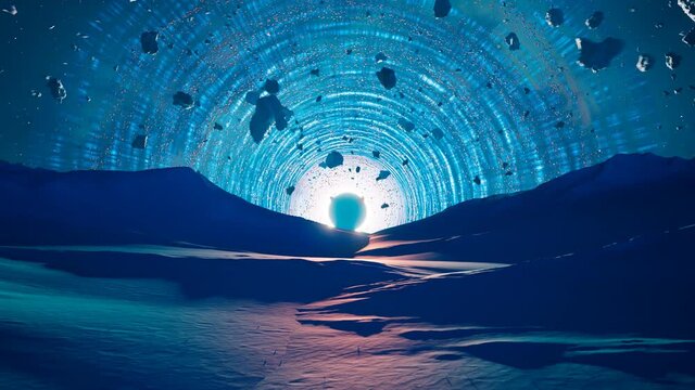 A massive black hole seen from planet surface absorbs rocks and nearest stars.