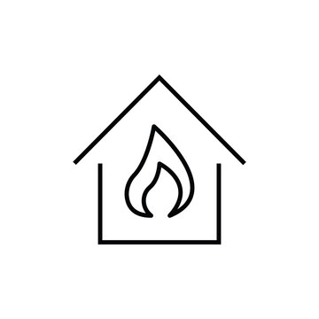 Building as establishment or facility. Outline monochrome sign in flat style. Suitable for stores, advertisements, articles, books etc. Line icon of flame inside of house